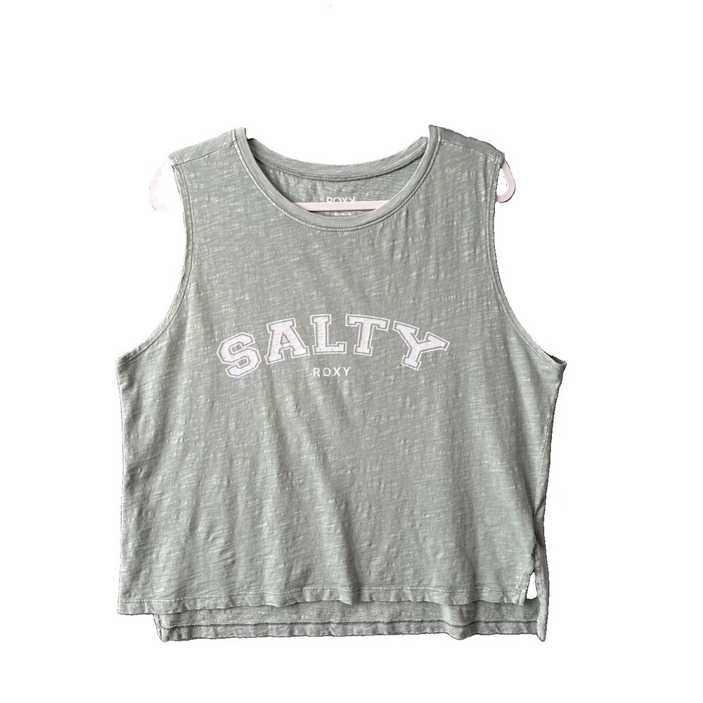 Roxy Salty Tank Top XL Green 100% Cotton Muscle Tee Beach Slub Graphic Boho Surf